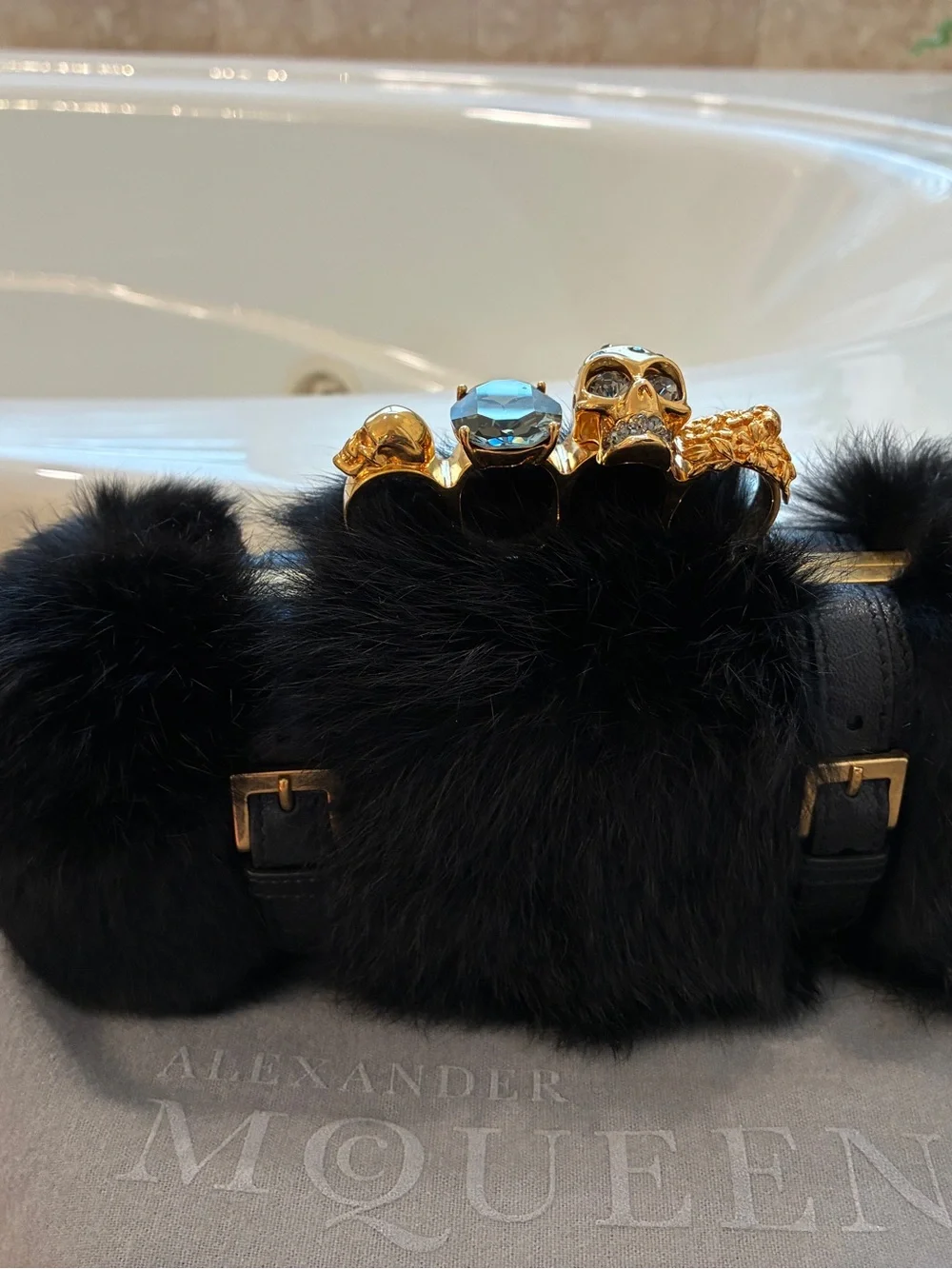 Alexander McQueen Black Fur Knuckle-Embellished Clutch with Gold Hardware
